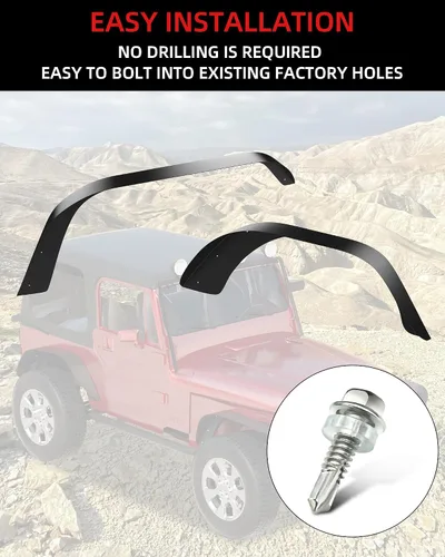 Vista 3 de KYBOLT 4 guardabarros planos delanteros y traseros para Jeep Wrangler YJ 1987-1995, revestimiento de rueda de acero metálico todoterreno, negro