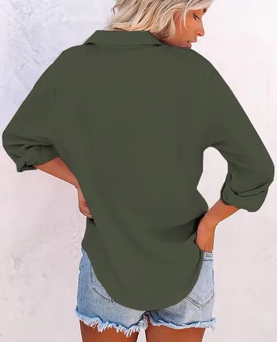 Vista 3 de Camisas de manga larga con botones para mujer, sin arrugas, para trabajo, oficina, con bolsillo