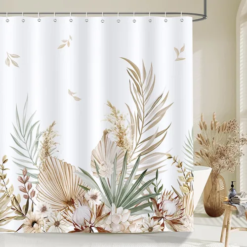 Vista 8 de Bonhause Cortina de ducha de hojas florales tostadas, cortina de baño bohemia con hojas de palmera tropicales, cortina de baño de 72 x 72 pulgadas