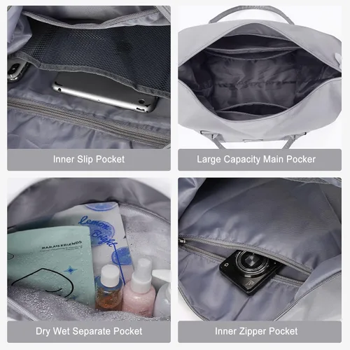 Vista 6 de Bolsa de viaje deportiva grande para gimnasio, bolsa de mano para mujer, bolsa de fin de semana, Gris, Moda