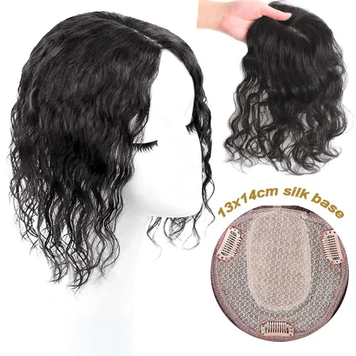 Vista 2 de Base de seda corta y rizada de 8 pulgadas, con clip, 5.1 x 5.5 in, para mujer, cabello humano real, color negro
