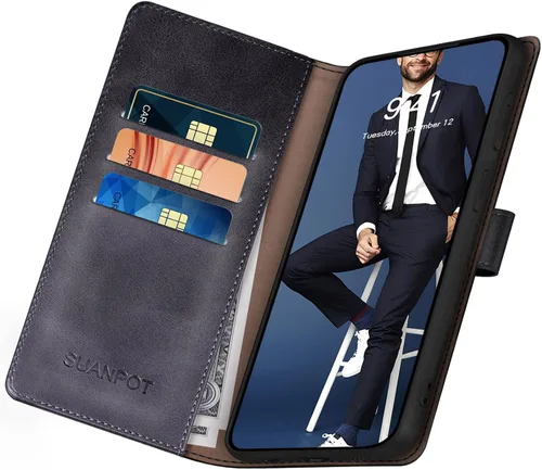 Vista 5 de SUANPOT Funda protectora tipo cartera con función atril para iPhone 15 de 6.1 pulgadas, con soporte para tarjetas de crédito RFID, funda de piel