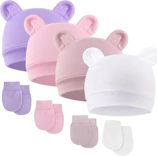 Vista 11 de DRESHOW Gorro de recién nacido con orejas de oso y manoplas, conjuntos de gorro de algodón para prematuros, gorro de bebé para niño y niña, gorro