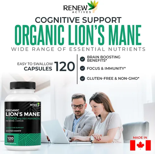 Vista 3 de Renew Actives Hongo orgánico de melena de león de primera calidad, 11000 mg por porción (relación 10:1), apoya la función cerebral, la memoria
