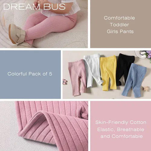 Vista 4 de Paquete de 5 pantalones de bebé para niña, pantalones acanalados con volantes acampanados, leggings para bebé, pantalones acampanados para niña