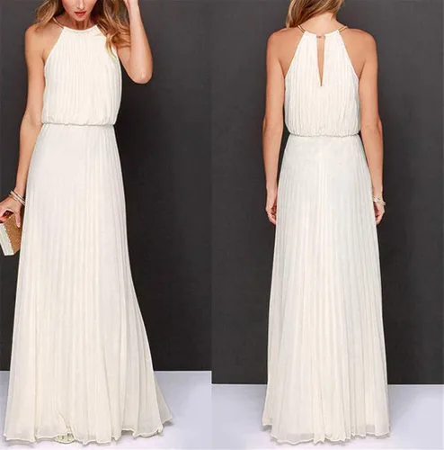 Vista 3 de Vestido maxi sin mangas de gasa de color sólido de dama de honor de las mujeres halter