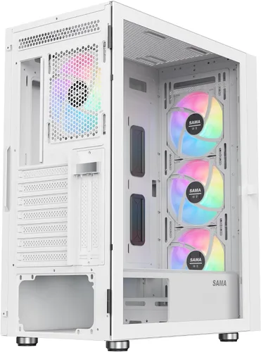 Vista 9 de SAMA 3509 Carcasa de PC de torre media ATX blanca - Parte frontal de malla de acero, panel lateral de vidrio templado con bisagras, 4 ventiladores
