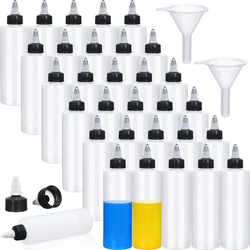 Vista 8 de Honeydak 30 botellas de plástico Boston de 8.5 onzas para salsa, dispensador de condimentos vacío con tapa giratoria y 2 embudos, ideal para salsa