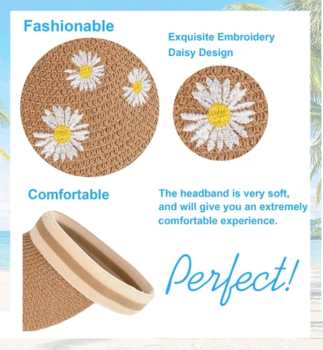 Vista 6 de Sombrero de paja con protección UV, visera de playa, sombrero de ala ancha, estampado de leopardo, enrollable, plegable para mujer