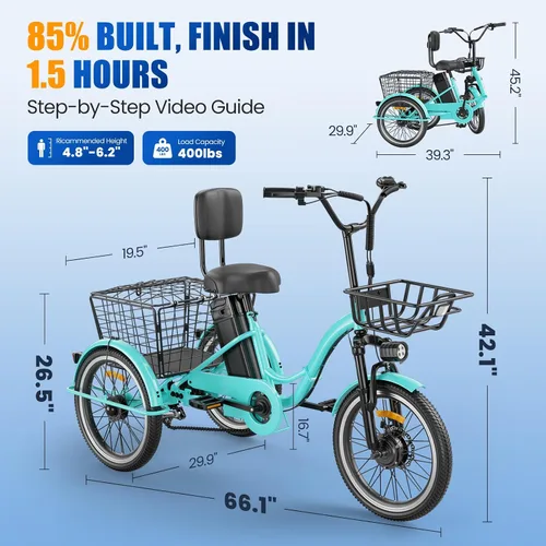 Vista 7 de Triciclo eléctrico para adultos, triciclo eléctrico de pico de 1200 W, triciclo plegable con batería extraíble de 468/720/960 Wh, bicicletas 83