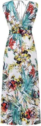 Vista 4 de Vestidos hawaianos para mujer, vestido de playa bohemio floral elegante de verano 2023, con cuello en V cruzado, vestido largo fruncido y fluido