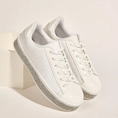 Vista 4 de UUBARIS Zapatillas de tenis con purpurina para mujer, color neón, elegantes, brillantes, con diamantes de imitación, para boda, novia, zapatos
