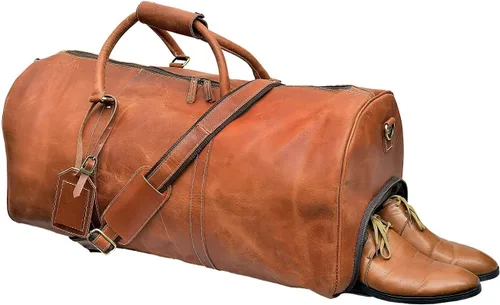 Vista 4 de 24 pulgadas cuero Duffel Bolsas para hombres y mujeres completo grano cuero viaje durante la noche fin de semana Bolsas de cuero deportes gimnasio