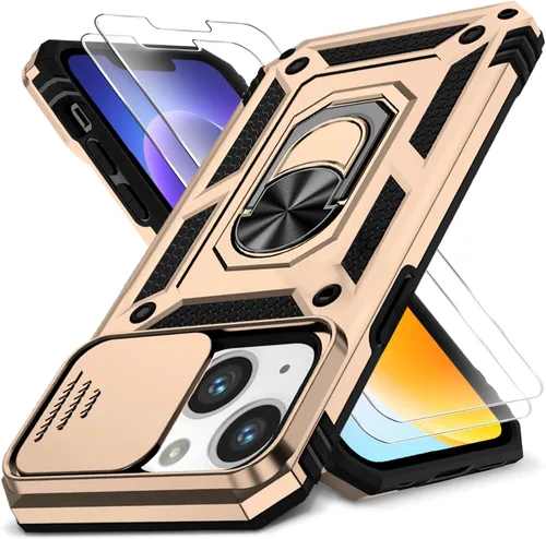Vista 45 de Funda HakkTaoo para iPhone 13/iPhone 14 de 6.1 Pulgadas con Funda Deslizante para Cámara + Protector de Pantalla (2 Paquetes), Funda Protectora a