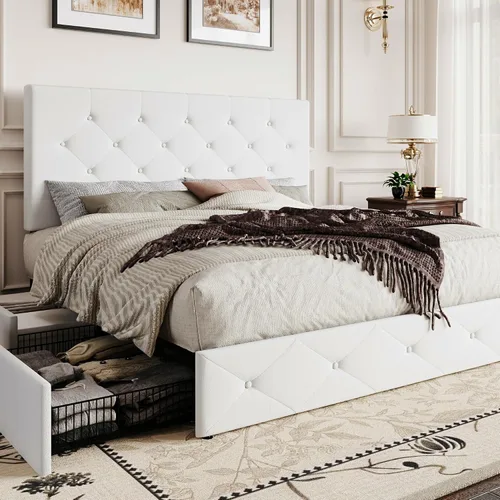 Vista 10 de SHA CERLIN Base de cama de plataforma tamaño matrimonial tapizada con 4 cajones de almacenamiento, cabecero ajustable con diseño cosido en cuadrados