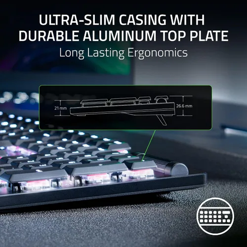 Vista 5 de Razer DeathStalker V2 Pro Teclado inalámbrico para juegos interruptores ópticos de perfil bajo Clicky Purple - HyperSpeed Wireless & Bluetooth