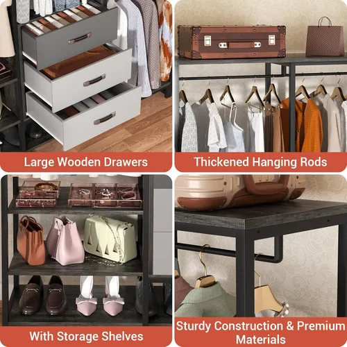 Vista 5 de Aheaplus Organizador de Closet de Madera para Colgar Ropa, Perchero de Ropa Resistente, Sistema de Closet en Esquina en Forma de L Grande con 3