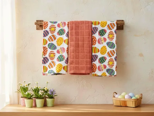 Vista 7 de Serafina Home Easter Kitchen Towel Set with Pot Holders, Spring Colored Eggs Design, 100% Cotton, White Orange Green, 5 Piece Set