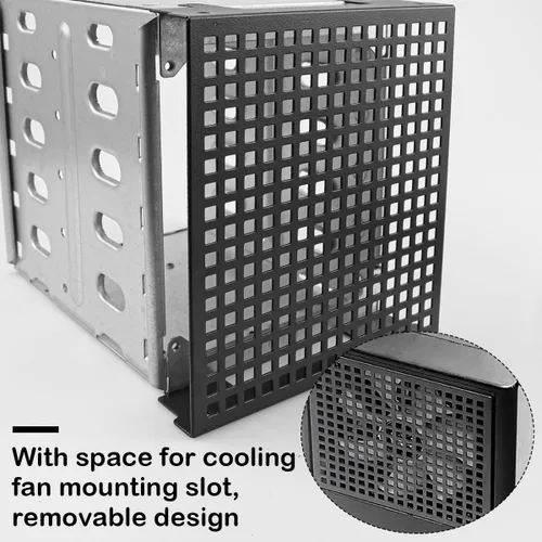 Vista 4 de Jaula de disco duro de acero inoxidable, bandeja de disco duro con espacio de ventilador, soporte de estante adaptador para computadora de 5.25
