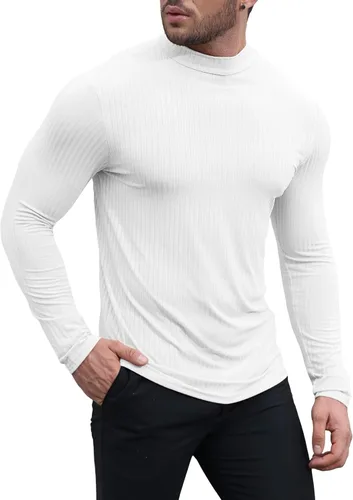 Vista 3 de Uni Clau Camisas de manga larga con cuello alto falso para hombre, camiseta térmica de punto acanalado casual