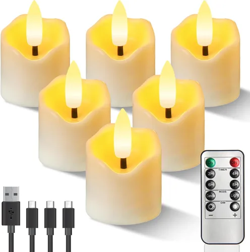 Vista 9 de Velas de té recargables sin llama con temporizador remoto, 1.5 x 2.2 pulgadas, velas votivas eléctricas falsas parpadeantes para aniversario, boda