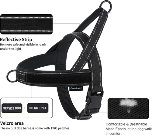 Vista 2 de Annchwool Arnés para perro sin tirones, juego de collar y correa reflectante resistente - Correa para perro con doble asa y clip de cinturón