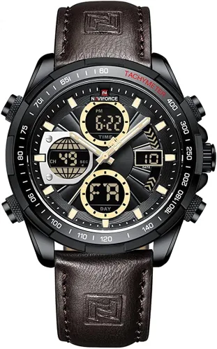Vista 12 de NAVIFORCE Relojes digitales militares para hombre, reloj analógico de cuarzo, resistente al agua, reloj deportivo multifuncional de cuero