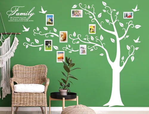 Vista 12 de Adhesivo de pared para árbol de fotos familiar grande, marco de fotos 3D, calcomanías de pared de árbol con citas extraíbles, hojas y pájaros, Negro