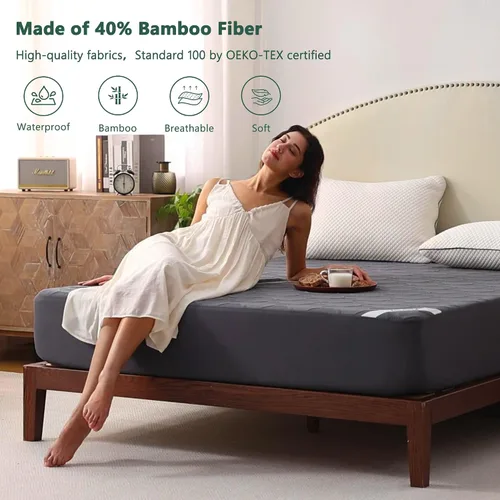 Vista 3 de Protector de colchón impermeable de 40% rayón derivado del bambú, cubrecolchón con tejido de aire 3D transpirable, con bolsillo profundo de 8 a 21