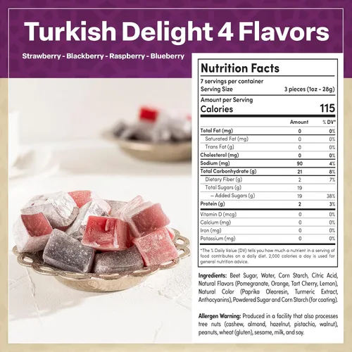 Vista 2 de Eastanbul Delicia Turca, 10.5 oz, Delicias Turcas Surtidas Sabor Fresa, Mora, Frambuesa y Arándano, Dulce Internacional, Lokum, Natural, Sin Gluten