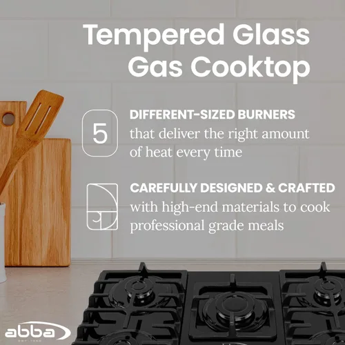 Vista 4 de ABBA - Placa de cocina de gas de 30 pulgadas con 5 quemadores sellados, superficie de vidrio templado con quemadores SABAF, estufa de gas natural