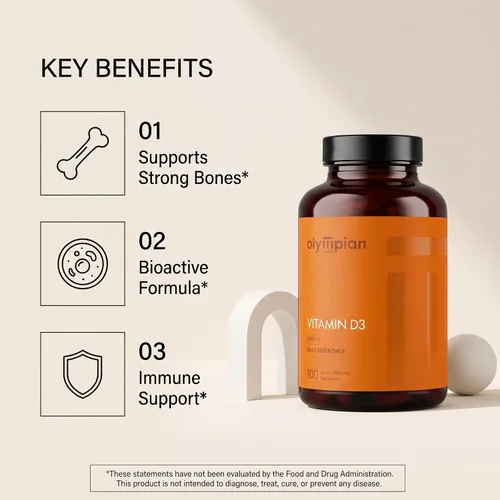 Vista 3 de Olympian Labs Vitamina D3 3000 Iu 100 cápsulas que apoyan huesos fuertes Cápsulas de vitamina D3, 3000 UI por cápsula, 75 mcg, Uno al día, 100