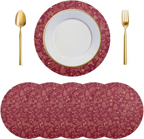 Vista 17 de Juego de 6 manteles individuales redondos, copos de nieve sobre rojo oscuro, resistentes al calor, para mesa de comedor, decoración de Navidad