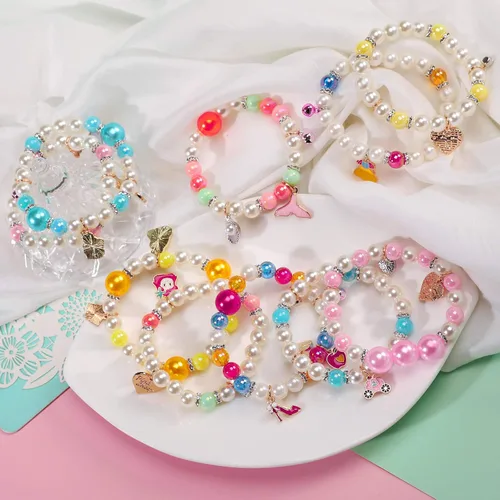 Vista 2 de PinkSheep Bracelets for Kids Girls Pearl Bead Bracelets Teen Jewelry Set Party Favor Costume Princess Pretend Play,Beaded Stretch Charm Bracelet Set