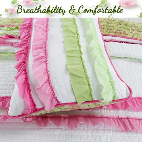 Vista 5 de Cozy Line Home Fashions Juego de ropa de cama reversible de 100 % algodón con volantes, color rosa y verde (flamenco, individual, 2 piezas)