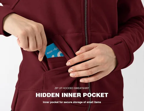 Vista 5 de Rdruko Sudadera con capucha y cremallera completa para mujer, con agujero para el pulgar, de algodón, con cremallera frontal, suave, ligera