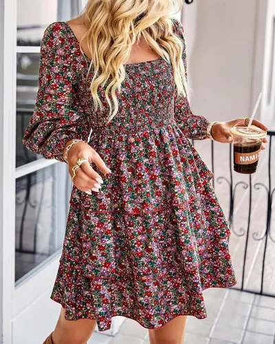 Vista 2 de BTFBM Vestido de manga larga para mujer, cuello cuadrado, floral, fruncido, con lunares suizos, estilo bohemio, para primavera, boda, 2026