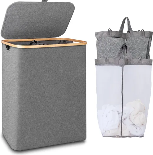 Vista 13 de iEGrow Cesta de lavandería con tapa, cesta grande de lavandería de 110 litros con asa y tapa, organizador de ropa plegable con bolsa interior Beige