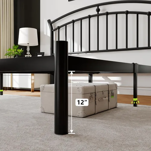 Vista 5 de iPormis Marco de cama de plataforma de metal de tamaño completo con cabecera moderna de arte de hierro/soporte de listones de acero de servicio Negro