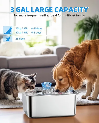 Vista 2 de Lesotc Fuente de agua para perros grande de 11L/3 galones, fuente de agua para mascotas grande de acero inoxidable con 4 filtros, dispensador