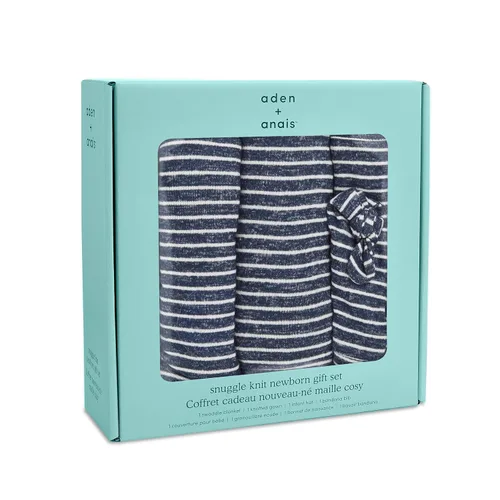 Vista 2 de aden + anais Snuggle - Set de regalo para recién nacido con vestido de bebé anudado, manta para envolver, sombrero infantil y babero bandana, 0-3