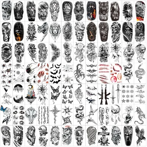 Vista 12 de JEEFONNA 86 hojas de tatuajes temporales, 14 hojas grandes de medio brazo de tatuajes falsos de flores, gato, búho y león, 72 hojas pequeñas