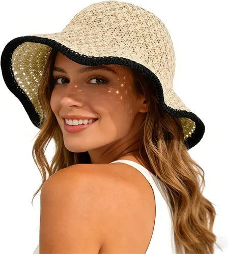 Vista 8 de Sombrero de playa para mujer, sombrero de paja para verano, protección UV, plegable, transpirable, estilo de ganchillo caqui (1pack-khaki)