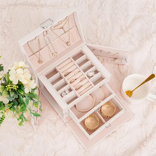 Vista 6 de Oyydecor Joyero organizador para mujeres y niñas piel sintética para personas mayores caja de almacenamiento de joyas de tamaño mediano
