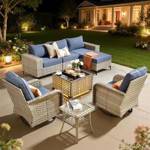 Vista 13 de HOOOWOOO Juego de muebles de patio de 5 piezas, sofá modular en forma de L para exteriores con mesa solar, mimbre PE para todo tipo de clima, sofá