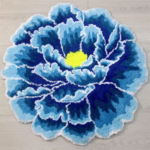 Vista 3 de HM&DX Alfombra de baño con forma de flor de peonía, tejida a mano, redonda, con forma de flor, suave, esponjosa, absorbente, tapete de baño, Azul