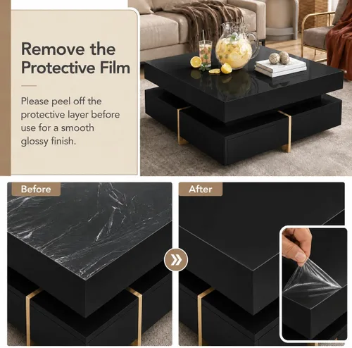 Vista 8 de Mesa de centro moderna con almacenamiento, mesa de centro cuadrada contemporánea con cajones, mesa central moderna de alto brillo para sala de Negro
