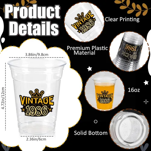 Vista 5 de 50 Piezas Vasos de Plástico para Fiesta de Cumpleaños 40 a Granel, 16 Oz Vasos de Beber Desechables de Plástico Transparente Negro Dorado