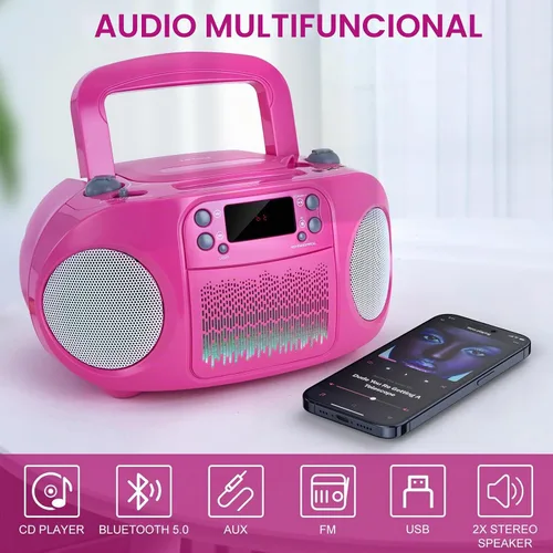 Vista 2 de hPlay GC09 Kids Boombox, reproductor de CD, conectividad Bluetooth para smartphones, AUX, USB, radio y MP3, función de cantar junto, adaptador