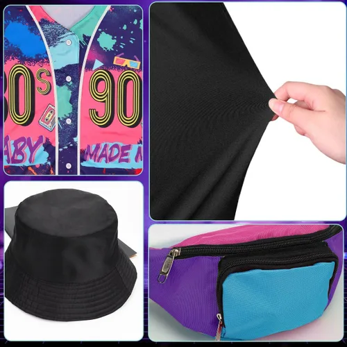 Vista 3 de Traje de los años 80 y 90 para mujer, camiseta de béisbol, pantalones cortos, riñonera, disfraz de fiesta retro, accesorios de representante